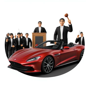 An auctioneer with a clean-cut appearance, wearing a tailored black suit and a white shirt, is standing at a podium. He has short hair and is looking confidently at the audience. In one hand, he holds a gavel high above his head, ready to finalize a bid. The other hand gestures towards a sleek luxury car, which is prominently displayed to the side. The car is a shiny deep red color with elegant curves and chrome accents, reflecting the lights in the auction room. The background features a crowd of eager bidders, some raising their paddles in anticipation.