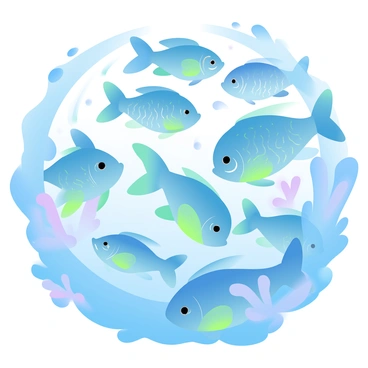 An array of bioluminescent fish is swimming in the dark depths of the ocean. These fish display vibrant hues of blue and green as they emit a soft glow. Some fish are elongated with slender bodies, while others are rounder and more compact. The glowing patterns on their scales create mesmerizing designs. Surrounding the fish, there are faint outlines of underwater rocks and corals, adding depth to the scene. The background is filled with a gradient of deep navy and teal, symbolizing the vastness of the deep sea.