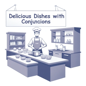 A television cooking show set featuring a chef in the center of the kitchen. The chef is standing behind a large wooden countertop filled with various cooking utensils and ingredients. On the countertop, there are bowls labeled with words such as "and," "but," "or," and "because," showcasing them as ingredients. The chef is holding a large spoon, stirring a mixture in a pot on the stove, while the camera captures the vibrant action. In the background, there are shelves lined with cookbooks and decorative jars filled with spices. A large banner hangs above the chef, displaying the words "Delicious Dishes with Conjunctions."