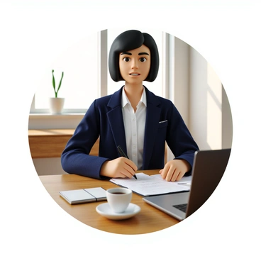 A professional individual with short black hair, wearing a navy blue blazer over a white shirt. They are seated at a wooden desk with a notepad in front of them. The person is writing objectives with a black pen, displaying a focused demeanor. A laptop is open beside the notepad, and a cup of coffee is placed on the desk. Sunlight streams in through a nearby window, illuminating the workspace.