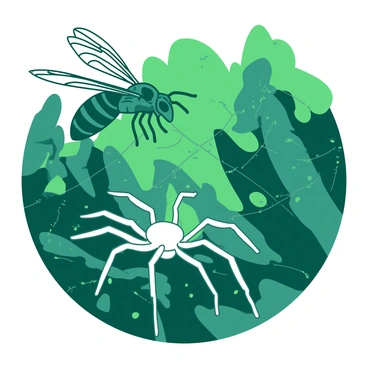 A teal hornet hovers menacingly near a white spider that is poised on its intricately woven web. The web glistens with dew drops, catching the light and adding to the tension of the scene. The spider, with its eight legs extended, prepares to defend its territory against the approaching hornet. The background is filled with blurred green foliage, giving a sense of nature surrounding this intense standoff.