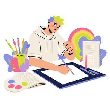 A digital artist is sitting at a sleek, modern workspace, focused on drawing on a large tablet. The artist has short, colorful hair and is wearing a comfortable hoodie. Surrounding the artist are various vibrant digital tools, including a set of stylus pens in bright colors, a palette with splashes of paint in shades of blue, pink, and green, and a graphic design book opened nearby. The background is filled with a rainbow of colors, suggesting creativity and inspiration.