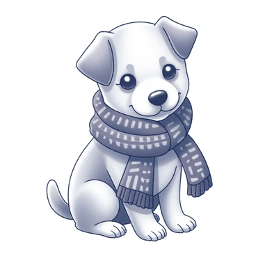 A small puppy is sitting comfortably, wrapped snugly in a thick, knitted scarf. The scarf features intricate patterns and textures, emphasizing its warmth. The puppy's ears are perked up, and its eyes are bright, reflecting a sense of coziness. The setting is simple, focusing on the puppy and the scarf, showcasing the adorable interaction between the two.