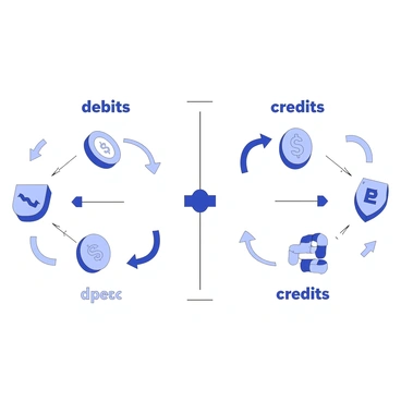 A chart displaying the concepts of "debits" and "credits" in accounting. The chart is divided into two sections, one labeled "debits" and the other labeled "credits." Each section contains various elements such as arrows indicating the flow of transactions. In the "debits" section, there are symbols representing assets and expenses, while in the "credits" section, there are symbols representing liabilities, equity, and revenue. The layout is clear and organized, with lines connecting each concept to illustrate their relationships. The overall design is structured, emphasizing the balance between debits and credits.