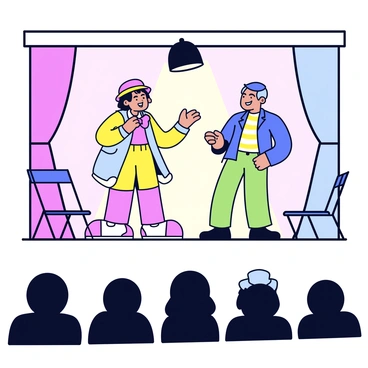 A small community theater stage with a simple wooden backdrop painted in pastel colors. In the center, two actors are engaged in a comedic skit. One actor is dressed in a colorful costume with oversized shoes and a big bow tie, while the other wears a classic striped shirt and a beret. Both actors have exaggerated facial expressions, demonstrating a humorous interaction. A small spotlight illuminates them, and there are two folding chairs to the side of the stage. The audience, consisting of a few silhouettes, can be seen in the darkened area in front of the stage.