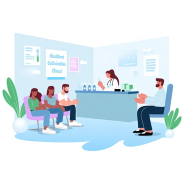 A group of patients sitting in a clean and organized clinic setting. Each patient is waiting in a designated area with comfortable chairs. Medical staff members are seen preparing vaccines at a counter adorned with medical supplies. The walls of the clinic are painted in soft pastel colors, contributing to the calm atmosphere. A poster promoting vaccinations is displayed prominently on one wall. Green plants are placed throughout the space, adding a touch of nature.