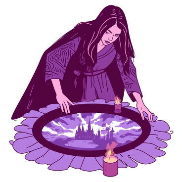 A red medieval witch with long flowing black hair is standing beside a circular scrying pool. The witch is wearing a dark purple robe adorned with intricate silver patterns. She is leaning forward, her hands gently touching the surface of the clear water. The scrying pool reflects her intense gaze, and swirling images of the future can be seen within the water, including glimpses of castles and stormy skies. The area around the pool is illuminated by soft candlelight, casting flickering shadows on the cobblestone ground.