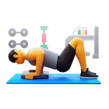 A man with short black hair wearing a fitted gray tank top and black gym shorts is performing a glute bridge exercise in a gym. He is lying on a blue exercise mat, with his shoulders and feet flat on the mat while his knees are bent. His arms are positioned at his sides, holding a heavy weight plate resting on his hips. The gym has various workout equipment in the background, including dumbbells and resistance bands. The lighting is bright, highlighting the man's focused expression as he engages his glutes and lifts his hips towards the ceiling.