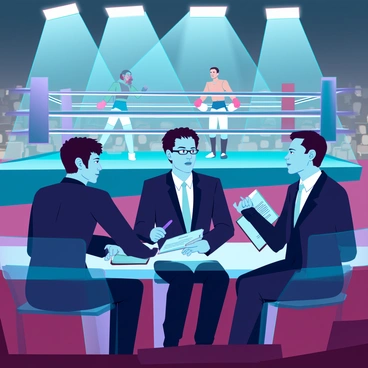 Three judges scoring a professional boxing match ringside