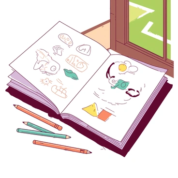 A white sketchbook is open on a wooden table, displaying a variety of rough sketches and doodles. The pages are filled with whimsical drawings, some showing abstract shapes, while others depict cartoon characters and playful designs. A few scattered colored pencils, in shades of teal and orange, lie beside the sketchbook. Sunlight streams in from a nearby window, casting soft shadows across the table and highlighting the details of the sketches.