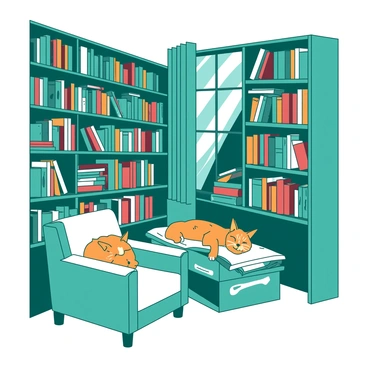 A teal bookshop filled with wooden shelves overflowing with various colorful books stacked haphazardly. Some books are leaning against each other while others spill over the edges of the shelves. A cozy reading nook is situated in the corner, furnished with a plush armchair. A cute orange tabby cat is lounging comfortably in a sunbeam that streams through a nearby window, its eyes closed in relaxation. The warm sunlight creates a soft glow, illuminating the vibrant spines of the books.
