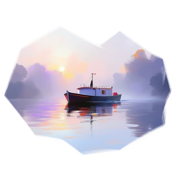 A barge glides silently through a tranquil river, gradually becoming enveloped in a thick mist. The water reflects soft hues of lavender and pale blue from the evening sky as it fades into the fog. The barge, dark and sturdy, is partially obscured by the swirling fog, with only hints of its outline visible. The banks of the river are lined with shadowy silhouettes of trees, their positions softened by the mist. Delicate ripples disturb the surface of the water as the barge moves forward, creating a sense of calm and solitude in the fading light.