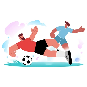 A soccer player is captured in mid-fall on a grassy soccer field after colliding with another player. The player has a muscular build and is wearing a bright red jersey and black shorts. One leg is extended forward while the other leg is bent at the knee. The grass around the player is slightly disturbed from the impact. In the background, another player in a blue jersey can be seen, reaching out as if trying to regain balance after the collision. A soccer ball rolls nearby, adding to the dynamic scene.