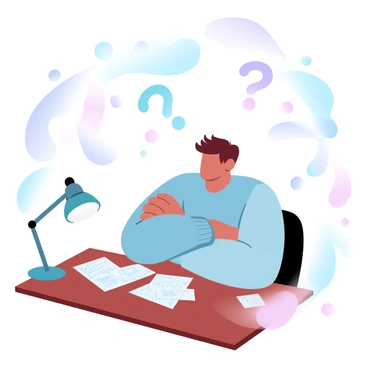 A character sitting at a wooden desk with a polished surface, surrounded by a swirl of floating "question marks" in various sizes. The character has dark, tousled hair and is wearing a casual sweater, with arms crossed and leaning slightly forward in thought. Papers are scattered on the desk, some with scribbles and sketches. A small lamp is positioned to one side, casting soft light on the scene. The background features abstract shapes in gradient pastel colors, enhancing the feeling of a whirlwind of ideas.