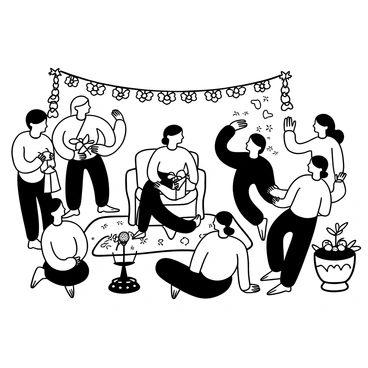 A gathering of guests surrounding a young boy seated on a decorative mat, with traditional attire. Each guest is holding a gift wrapped in decorative paper, with some presenting the gifts directly to the boy, while others are standing with hands raised in blessing. There are colorful garlands hung around the scene, and various ceremonial items displayed nearby, such as a ceremonial lamp and fruits on a pedestal. The atmosphere is filled with a sense of celebration and cultural significance.