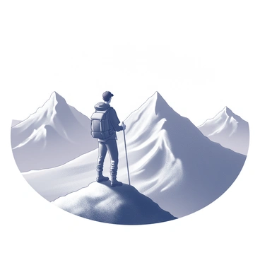A hiker standing triumphantly at the summit of a mountain. The hiker, wearing a backpack and outdoor gear, gazes out over a vast landscape. In the background, several distant mountains are visible, their peaks sharply defined and rugged. The sky above is clear, showcasing a stark contrast between the mountains and the expansive openness. The hiker's stance conveys a sense of accomplishment and wonder at the breathtaking scene.
