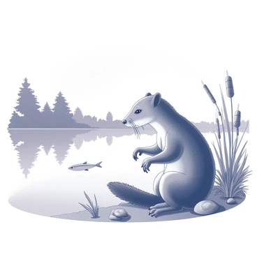 A blaireau sitting by the edge of a tranquil lake. The animal has coarse fur and prominent whiskers, and it is focused intently on the water. The lake has a smooth surface, reflecting the surrounding trees and rocks. Nearby, various plants and reeds are growing along the shoreline, adding to the natural scenery. The blaireau's paws are poised over the water, ready to catch a fish. The scene conveys a sense of calm and patience in nature.