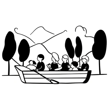 A group of children in matching uniforms sitting in a wooden boat as it glides along a river. The boat is surrounded by lush greenery and tall trees lining the riverbanks. The surface of the water reflects the silhouettes of the trees, creating a sense of tranquility. In the distance, there are rolling hills that add depth to the background. Some children are holding books while others are looking around, engaged with their surroundings. The scene captures the essence of a peaceful journey to school.