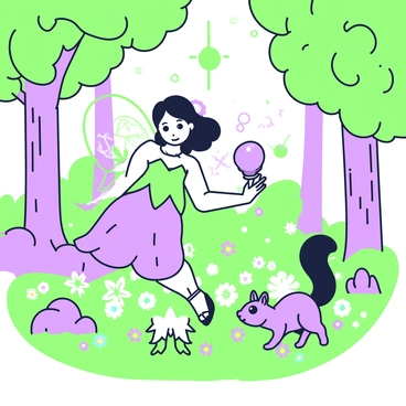 A small fairy with delicate "papillon wings" is hovering in a lush forest. The fairy has sparkling features and is dressed in a flowing dress made of leaves. Around her, there are various trees with thick trunks and rich foliage. Sunlight filters through the leaves, creating dappled patterns on the forest floor. In her hands, she holds a glowing orb, symbolizing her ability to grant wishes. Tiny, colorful flowers bloom at her feet, adding charm to the scene. Nearby, a curious squirrel watches her with wide eyes, intrigued by her magical presence.