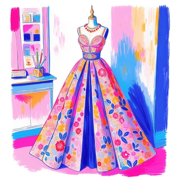 A haute couture dress is displayed on a mannequin. The dress features intricate ornate patterns that cover the entire fabric, showcasing a mix of floral and geometric designs. There are various embellishments, including beads, sequins, and lace, enhancing its luxurious appearance. The neckline is elegantly designed, adding sophistication, while the skirt flows gracefully to the floor. The color palette includes rich, vibrant tones that complement the patterns and embellishments, creating a striking visual effect. The background includes subtle hints of fabric swatches and sketching tools.