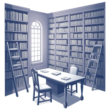 A grand library interior with towering bookshelves that stretch from floor to ceiling. Each shelf is filled with ancient tomes bound in intricate leather covers, displaying faded gold lettering. The library features ornate wooden ladders leaning against the shelves, providing access to the higher books. Soft light filters through large arched windows, casting subtle shadows across the room. In the center, a large wooden table is surrounded by high-backed chairs, and a few open books lay scattered across its surface.