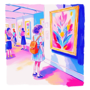 A girl with short curly hair is standing in an art gallery. She is wearing a light blue dress and has a small backpack slung over one shoulder. Her gaze is focused on a large painting that is framed in gold. The painting features a vibrant abstract design full of colors like red, blue, and yellow. The gallery walls are adorned with various other artworks, and the soft lighting highlights the details of each piece. In the background, there are a few other visitors casually observing the art. The girl’s expression is one of deep contemplation as she admires her favorite piece.