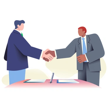 Two people are standing on opposite sides of a wooden table, extending their right hands to shake hands. One person has light skin and is wearing a navy blue suit with a white shirt, while the other person has medium skin and is dressed in a charcoal gray suit with a light blue tie. The table is adorned with a folded white document and a silver pen placed in the center, signifying a formal agreement. The background is softly blurred, focusing attention on the handshake, which conveys a sense of collaboration and mutual understanding.