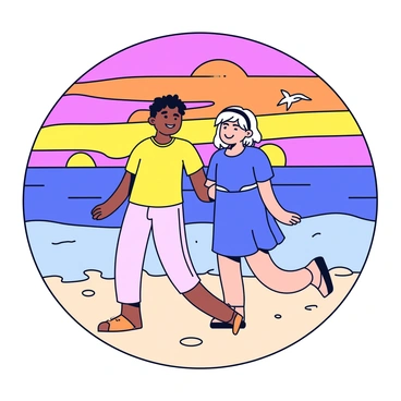 Two friends are walking side by side along the beach during sunset. The sky is filled with vibrant hues of orange, pink, and purple as the sun dips below the horizon. The friends are casually dressed in light summer clothing, one wearing a yellow t-shirt and the other in a blue dress. They are smiling and laughing, leaving footprints in the soft, wet sand. Gentle waves lap at their feet, and a few seagulls can be seen flying overhead against the colorful sky.