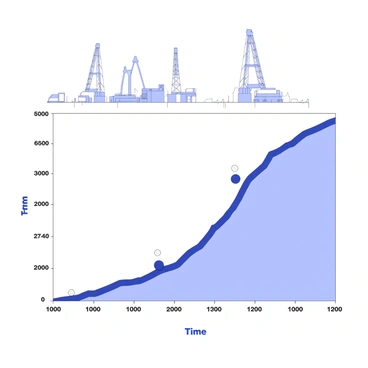 A graph display is showing a steep increase in seismic activity near a fracking site. The x-axis represents time, with evenly spaced intervals marked, while the y-axis indicates the magnitude of seismic events, with clear numerical labels. The graph features a bold line that rises sharply, indicating higher activity levels, with several data points plotted along the curve. In the background, there are outlines of drilling rigs and equipment associated with the fracking site, providing context to the data being presented.