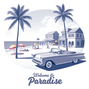 An 8x10 board features a retro travel poster. The poster showcases a 1950s style vacation destination. In the foreground, there is a classic convertible car parked near sandy beaches. Palm trees are swaying in the breeze, providing shade. Brightly colored beach umbrellas dot the shoreline. Several sunbathers are lounging on towels, while others are playing beach volleyball. In the background, there are charming mid-century buildings displaying unique architectural features. A clear sky with fluffy clouds completes the lively scene. Text at the bottom reads “Welcome to Paradise” in bold, vintage typography.