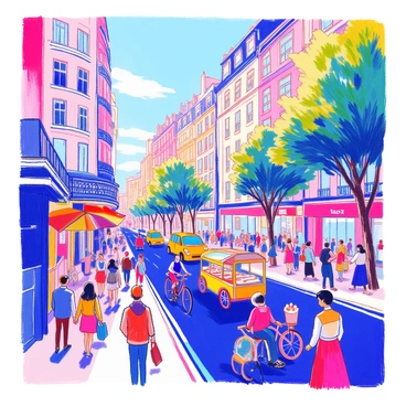 A bustling city street scene is filled with a variety of people engaged in different activities. A diverse group of pedestrians, including a woman in a bright red dress and a man in a business suit, walk along the sidewalk. Nearby, a street vendor is selling hot dogs from a cart, with a colorful umbrella overhead. Tall buildings with intricate architectural details rise up on either side of the street, featuring large windows and decorative facades. A cyclist navigates through the crowd, while a taxi drives by. Lush trees line the sidewalk, adding greenery to the urban environment. The scene is vibrant, capturing the energy and movement of the city.