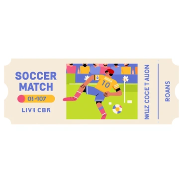 A sports event ticket featuring a rectangular design with a bright color scheme. The ticket has an action shot of a famous soccer player executing a powerful kick, wearing a vibrant team jersey with the player's name and number visible on the back. In the background, a cheering crowd with raised hands and colorful banners adds energy to the scene. The ticket's edges are decorated with symbols of soccer, such as a ball and a goalpost. The ticket reads "Soccer Match" in bold letters at the top and includes the date and time of the event below the image.
