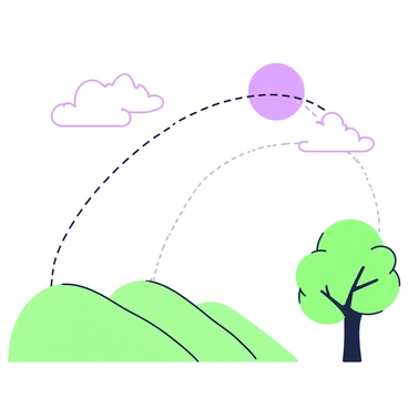 An animated scene depicts a ball traveling along a parabolic trajectory across a clear sky. The ball is centered at the apex of its arc, highlighting its motion. Below, the landscape includes rolling hills, and a line of trees frames the scene on the right. The sky is filled with a few fluffy clouds, providing context for the ball's height. The path of the ball is traced with a dotted line, emphasizing its movement through the air.