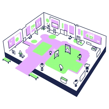 A spacious art gallery interior is depicted, showcasing a detailed floor plan. The gallery features large, open spaces with movable walls strategically placed to create flexible exhibition areas. There are several rectangular sections highlighted, indicating where art pieces can be displayed. Each section has outlines of various art displays, including paintings on easels and sculptures on pedestals. The layout also includes pathways that guide visitors, leading to an entrance at one end and a reception area on the opposite side. Sketches of seating areas with benches are scattered throughout, providing places for visitors to sit and appreciate the art.