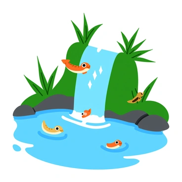 A group of small, vibrant tadpoles sliding down a cascading waterfall into a clear pond below. The waterfall is surrounded by lush green plants with broad leaves, and the water sparkles as it splashes into the pond. Some tadpoles leap exuberantly off the edge of the waterfall, while others swim energetically at the base, creating small ripples in the water's surface. The scene is filled with a sense of motion and playfulness as the tadpoles enjoy their aquatic adventure.