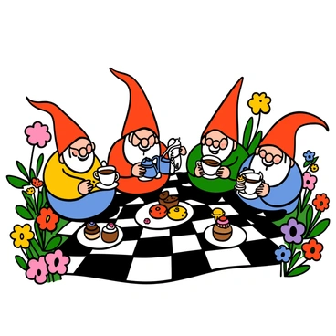 Garden gnomes having a festive picnic among the flowers with teacups and pastries