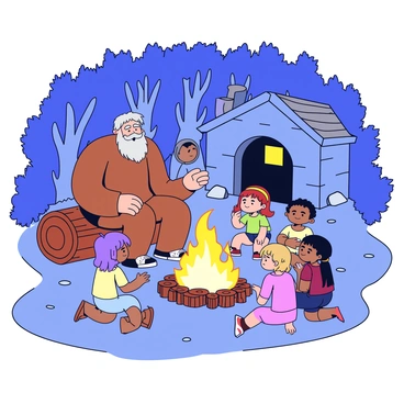 A large man named Beorn sits on a wooden stump beside a crackling fire. He has a thick beard and is wearing a simple earth-toned tunic. Around him, several children sit on the ground, eagerly listening to his stories. The firelight illuminates their faces, creating a warm glow. In the background, shadows dance on the walls of a nearby cabin, accentuating the cozy atmosphere. There are logs and stones arranged around the fire, and the forest surrounds the scene, adding to the sense of adventure and mystery.