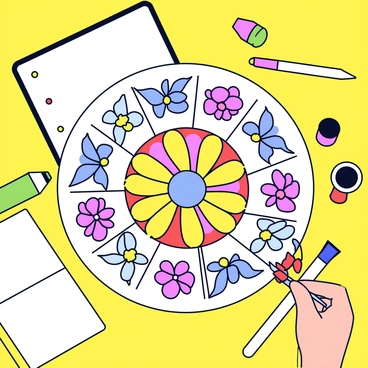 A circular mandala composed of various flower illustrations, featuring intricate petal designs and vibrant colors. The mandala is centered on a bright yellow table. Around the mandala are scattered different art supplies, including colored pencils, a paintbrush, and an open sketchbook. Each art supply is depicted in a simple, colorful manner, contributing to the lively atmosphere of the scene.