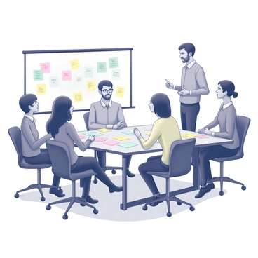 A conference room filled with several colleagues engaged in discussion. The room features a large table at the center, covered with various "post-it notes" in different colors. Each colleague is positioned around the table, some leaning in to share ideas, while others are taking notes or gesturing towards the notes. A whiteboard stands in the background, with additional notes and outlines visible. The atmosphere conveys a sense of collaboration and brainstorming.