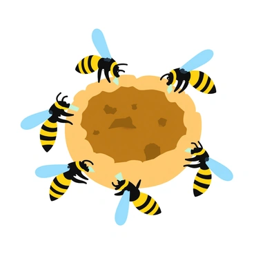 A group of hornets with yellow and black striped bodies is busily constructing their nest. They are flying in and out of the nest, each carrying small bits of paper pulp made from chewed wood. The nest itself is an intricate and rounded structure, featuring layers and hexagonal cells where the hornets are working. Some hornets are seen hovering near the entrance while others are meticulously attaching the paper pulp to the growing nest. The scene is filled with vibrant colors, showcasing the glossy sheen of the hornets' wings against the textured surface of the nest.