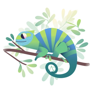 A chameleon with vibrant green and blue scales is perched on a slender branch. Its body is curled slightly, blending seamlessly into the surrounding foliage. The leaves are various shades of green, some with textures of light and dark, creating a natural hiding place for the chameleon. Sunlight filters through the leaves, casting dappled shadows on the branch. The chameleon’s eyes are focused, showcasing its unique ability to rotate independently, adding to its alert appearance.