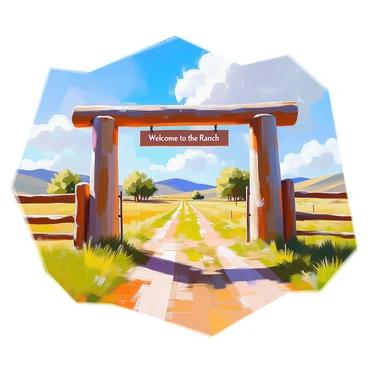 A wooden archway made of thick, weathered logs stands majestically at the entrance to a sprawling ranch property. The arch is adorned with rustic details, such as iron hinges and a sign that reads "Welcome to the Ranch." Lush green grass stretches out in front of the archway, with a dirt path leading into the property. In the background, rolling hills and scattered trees frame the scene, embodying the essence of a vast, open landscape. The sky overhead is bright blue, dotted with a few fluffy white clouds, creating a vibrant atmosphere.