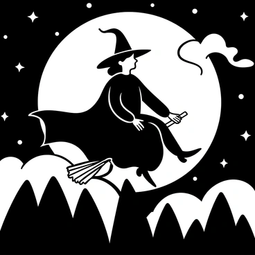 A vintage-style witch wearing a flowing dress and a pointed hat is flying on an old-fashioned broomstick. The witch's cloak billows in the wind. She is illuminated by the bright light of a full moon, which is large and round in the night sky. Wisps of clouds drift around the moon, creating a mystical atmosphere. Below, silhouettes of treetops are visible against the night sky, adding depth to the scene. The background is filled with scattered stars, enhancing the enchanting setting.