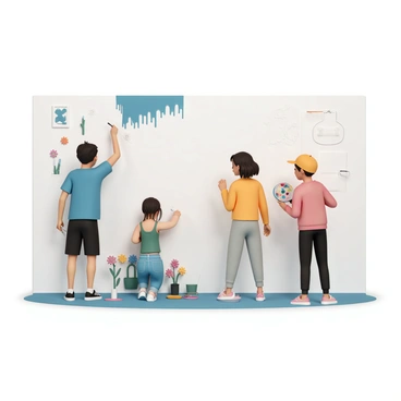 A group of four students, two boys and two girls, are working diligently on a large mural that spans an entire wall in an art classroom. The first boy, wearing a blue T-shirt and black shorts, is reaching up with a paintbrush to add vibrant blue paint to the top of the mural. The second girl, dressed in a green tank top and denim jeans, is kneeling on the floor, carefully painting detailed flowers at the bottom corner. The third student, a girl in a red sweatshirt and black leggings, is standing nearby, holding a palette with various colors while discussing ideas with the others. The fourth student, a boy wearing a yellow cap and gray sweatpants, is focused on sketching outlines of shapes with a pencil on the mural. The room is filled with paint supplies, brushes, and canvases, and there is a sense of collaboration and creativity in the air.