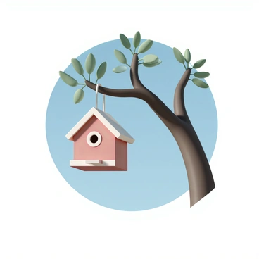 A small, wooden birdhouse, painted in vibrant red with white trim, is hanging from a thick, sturdy tree branch. The birdhouse features a round entrance hole and a slanted roof. Sunlight filters through the leaves of the tree, casting dappled shadows around the birdhouse. The surrounding branch has a few green leaves and is set against a clear blue sky, emphasizing the simplicity of the scene. There are no birds present near the birdhouse.