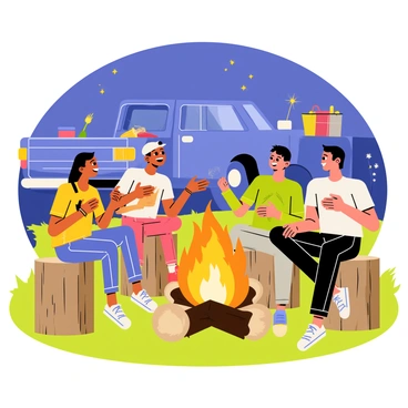 A group of four friends is gathered around a bright orange campfire, with flames flickering and casting warm light on their faces. They are seated on log stools, wearing casual clothing, and showing expressions of joy and laughter. One friend is animatedly telling a story, while the others are leaning in, engaged and smiling. In the background, there's a blue pickup truck parked on the grass, with its tailgate down and camping gear scattered around. The night sky is dotted with stars, adding to the cozy atmosphere of the scene.