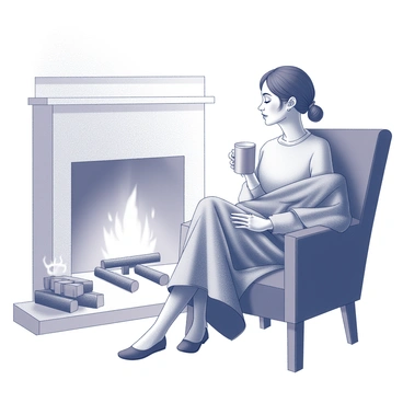 A woman is sitting on a comfortable armchair, wrapped in a thick, textured blanket. She has her legs tucked underneath her, creating a cozy pose. The fireplace in front of her has a crackling fire, casting gentle light and shadows around the room. The flames are flickering, creating a warm ambiance. There are several logs stacked artfully beside the fireplace. The woman has a peaceful expression as she gazes at the fire, with her hair loosely tied up. A steaming mug is resting on a small table next to her, adding to the inviting scene.