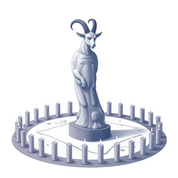 A large, intricately designed statue of Baphomet stands in the center of a sacred circle. The figure features goat-like horns curling upward, with a human-like body adorned with various symbols and geometric shapes. Surrounding the statue, hundreds of candles are arranged in a circular formation, their flames flickering gently. The wax drips down in various shapes, creating a textured surface around the candles. The ground is marked with mystical symbols, and the overall atmosphere is one of reverence and ritual.