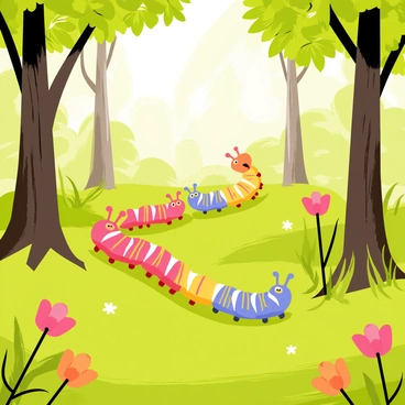 A festive parade of colorful caterpillars marching along a vibrant green moss path in a lush forest. The caterpillars exhibit a variety of bright colors, including red, blue, yellow, and green, with distinct patterns on their bodies. Surrounding the moss path are tall trees with detailed bark and clusters of leaves, creating a lively atmosphere. Scattered flowers with bold colors, such as pink and orange, dot the forest floor, adding to the cheerful scene. The sunlight filters through the leaves overhead, casting playful shadows on the ground.