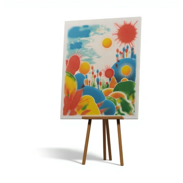 An oversized illustration board stands vertically, displaying a vibrant mural painted across its entire surface. The mural features a colorful scene filled with abstract shapes, bright patterns, and swirling colors. There are splashes of red, blue, yellow, and green that create an energetic visual impact. This large artwork is mounted on a white wall, with shadows cast beneath it, highlighting its size and details. The texture of the paint is visible, showcasing brush strokes and layers that add depth to the mural.